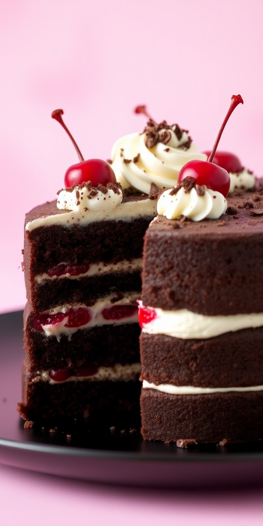 Chocolate layer cake with cherries and whipped cream topped with chocolate shavings on a dark plate against a soft pink background. The cake is sliced to reveal layers of chocolate cake and cherry filling.
