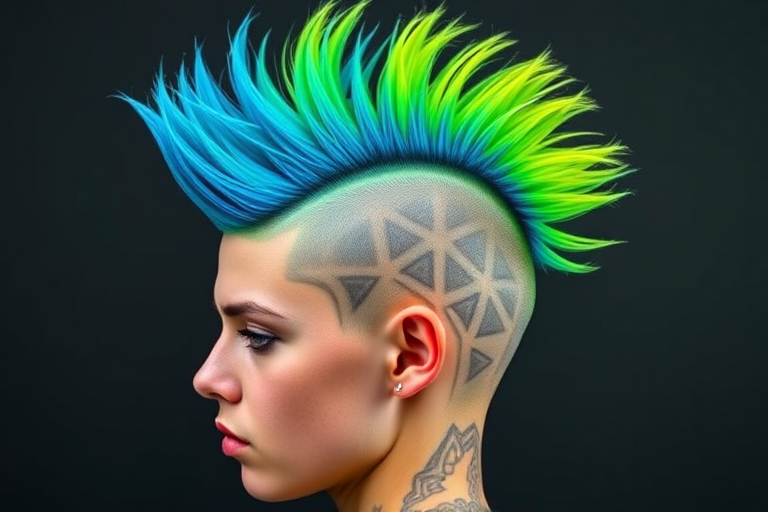Edgy Neon Mohawk combining vibrant lime green and electric blue in a bold spiked mohawk style with shaved sides featuring intricate geometric patterns