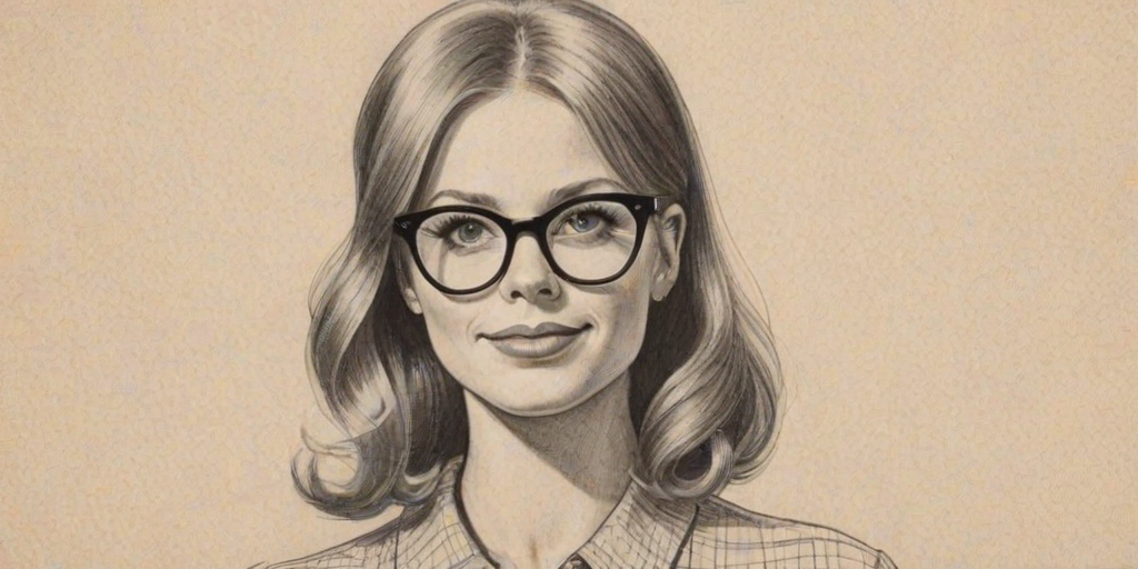 Appealing Jesse Tyler Ferguson, pencil sketch, portrait of Attractive woman 1960s in glasses, hair style beatnik, outline, clear lines, fine lines, 8k