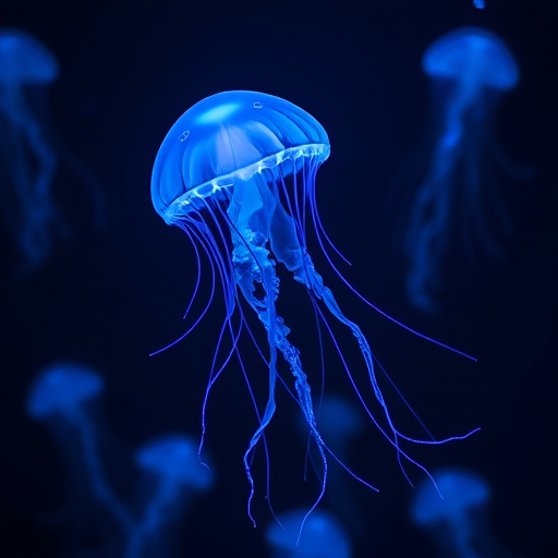 Bioluminescent jellyfish tendrils glow with an otherworldly blue light, floating gracefully in a weightless underwater style, mesmerizing all who gaze upon them