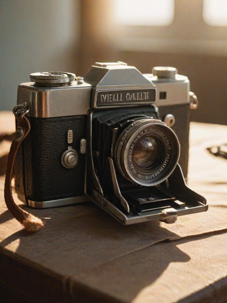 Sharp, detailed close-up of a vintage film camera, sunlight reflecting off the lens, soft shadows cast on the table, a roll of film lying beside it, the smell of leather and old film filling the air, a nostalgic atmosphere captured.