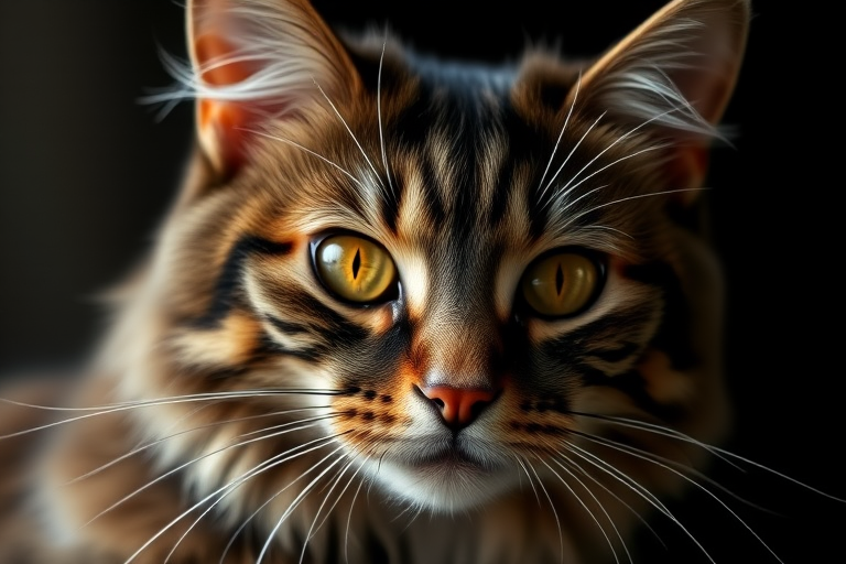 Capture a close-up of a Maine Coon cat with striking orange eyes against a dark background, using a DSLR camera with a 50mm lens, aperture f/1.8, ISO 200, and soft natural lighting to enhance details and avoid harsh shadows.