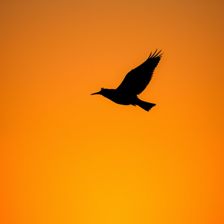Create a high-resolution image of a stylized silhouette of a bird in flight against a gradient sunset background, using a DSLR camera with a 50mm lens, aperture set to f/1.8, ISO 100, and a shutter speed of 1/200s, capturing a wide-angle view with natural lighting.