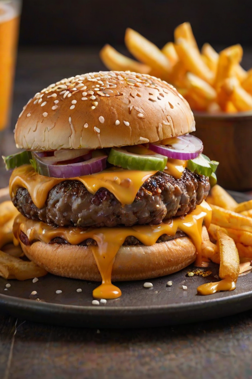 High-resolution, close-up image of a gourmet double cheeseburger. The burger features a glossy, sesame-seed-topped brioche bun. Inside, there are two thick, juicy beef patties, each topped with melted cheddar cheese. The burger is garnished with fresh lettuce, tomato slices, diced onions, and pickles. A generous amount of ketchup and a creamy, orange-colored sauce is dripping down the sides, adding to the mouth-watering appeal. In the background, there are blurred elements including a side of golden French fries and a hint of a beverage, enhancing the overall presentation of a delicious meal.