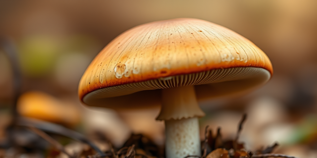 Create a detailed illustration of a mushroom with a smooth, rounded cap in warm brown tones, featuring a pale stem, captured with a DSLR camera at f/5.6 aperture, 50mm lens, and a soft focus background for an enhanced depth of field.