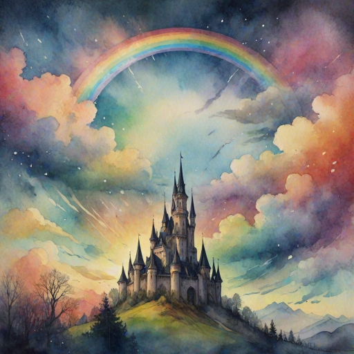 A whimsical and surreal sky with a vibrant rainbow, featuring dramatic lighting effects and a textured watercolor background, with a touch of gothic aesthetic.