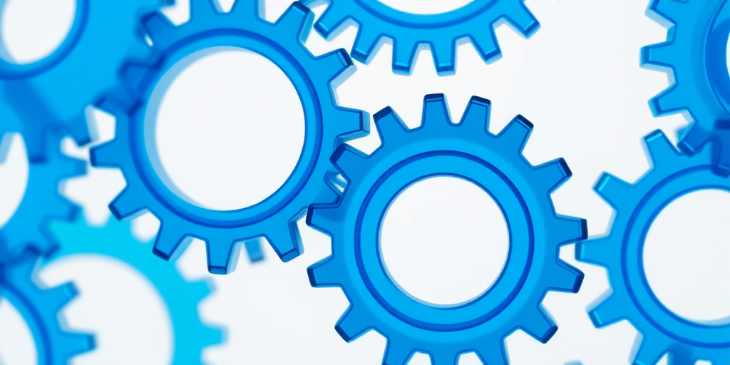 Create an illustration of transparent blue gears overlapping on a light background, using a Canon EOS R5 camera with a 50mm lens, aperture set to f/8, ISO 100, and a shallow depth of field to highlight the gears' details and reflections.