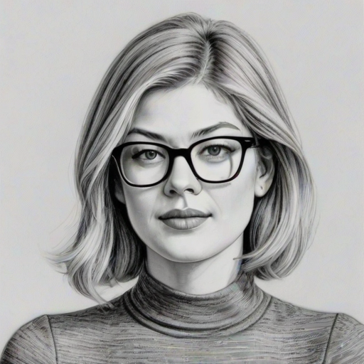 Beautiful Rosamund Pike, pencil sketch, portrait of beautiful woman 60s in glasses, hair style beatnik, outline, clear lines, fine lines, 8k