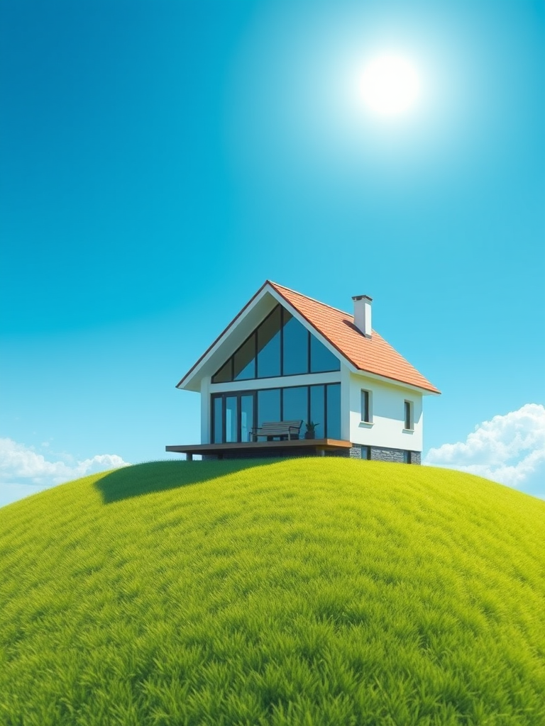 Create a high-resolution illustration of a modern house with a sloped roof and large windows, situated on a platform above green grass, with a clear blue sky and a bright sun in the background, using a digital camera set to a 35mm focal length, f/8 aperture, and 1/200 shutter speed for optimal clarity, with an isometric perspective to highlight architectural details.
