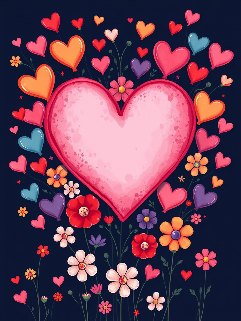 Create a vibrant digital illustration of a large, outlined heart in the center, surrounded by a diverse array of colorful hearts and flowers on a dark background, using a high-resolution digital art style with 300 DPI, frontal view, and vivid colors for maximum contrast and clarity.