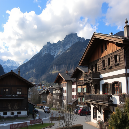 capture a picturesque view of a Swiss village with traditional wooden chalets and a dramatic mountain backdrop under a partly cloudy sky, use a DSLR camera with a 24mm lens, aperture set to f/8, ISO 100, and a shutter speed of 1/125 second, focus on enhancing the colors and details in the architecture and landscape.