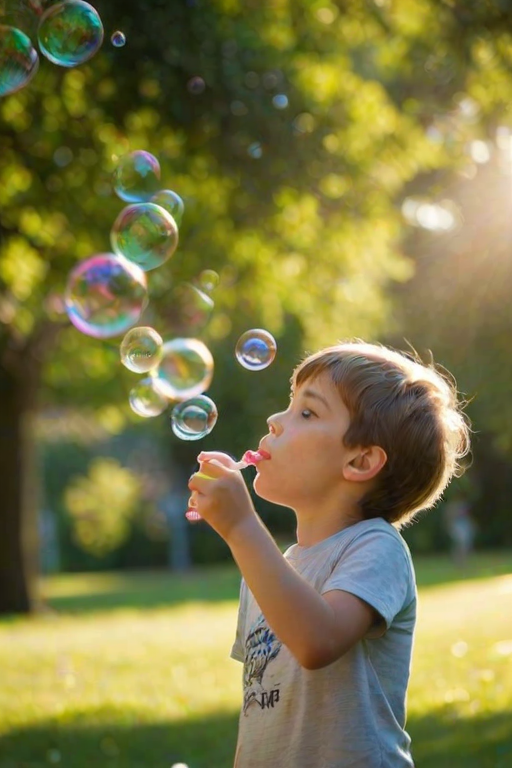 Softly focused photo of a young boy blowing bubbles in a park, the bubbles catching soft rainbow hues from the sunlight, with green trees and flowers blurred in the background.