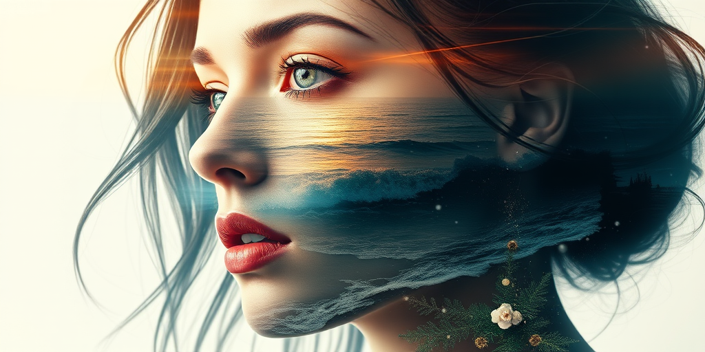 design Book cover, A surreal double exposure portrait that blends a woman's face with a beautiful seascape. The overall mood is dreamy and mystical, with rich colors and intricate details