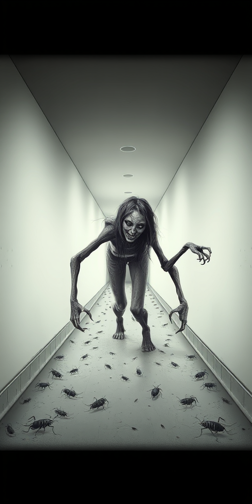 a crooked female with long arms and a creepy smile is crawling along a long white corridor and you can also see cockroaches in it there is a creepy atmosphere creepy art style