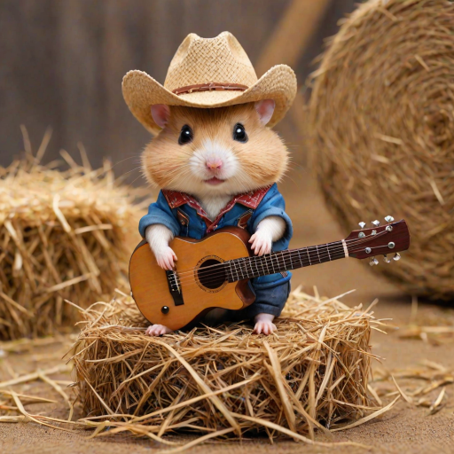 A chibi hamster, dressed as a cowboy, playing guitar, sitting on a hay bale