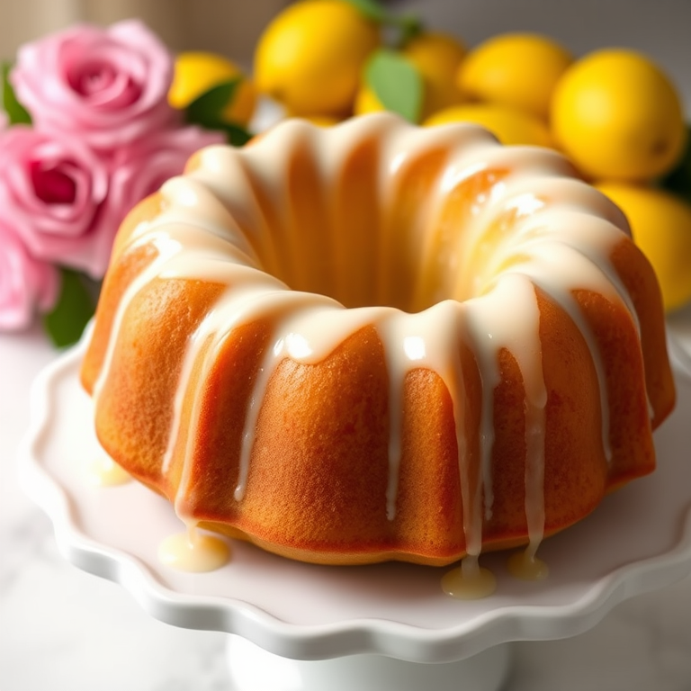 A beautifully glazed lemon bundt cake on a white serving plate with a glossy icing drizzle and a background of fresh lemons and pink roses in soft focus, natural lighting highlighting the cake's texture and shine.