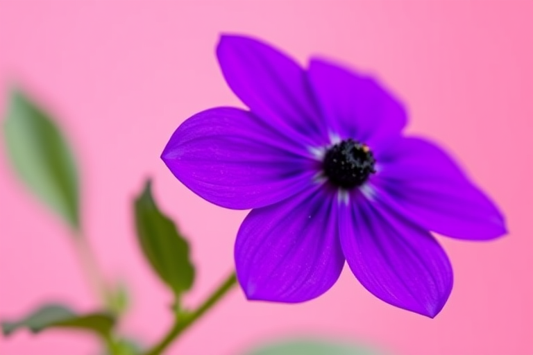 macro photograph of a vibrant purple flower with a black center against a soft pink background, ISO 100, f/2.8 aperture, 50mm lens, natural lighting, DSLR camera, shallow depth of field