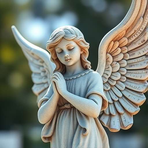 Generate a high-resolution image of a serene angel statue with intricate details, captured with a DSLR camera, 50mm lens, aperture f/1.8, ISO 100, in soft natural lighting to enhance texture and contrast, with a slight upward angle view to emphasize the angel's posture and wings.
