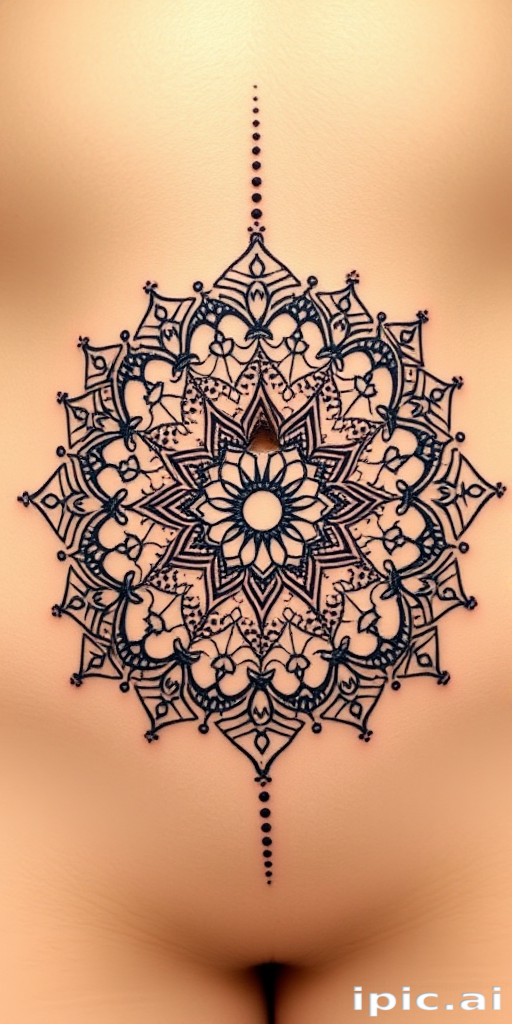 Ornate dotwork mandala tattoo encircling the navel, showcasing intricate geometric patterns and symmetrical designs created entirely with tiny, precisely placed dots for a mesmerizing effect