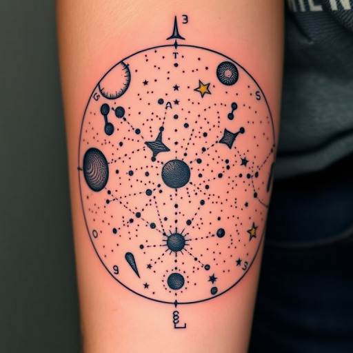 Pointillism tattoo called "Constellation Map" showcasing intricate star patterns and celestial bodies created entirely with tiny dots of varying sizes and densities