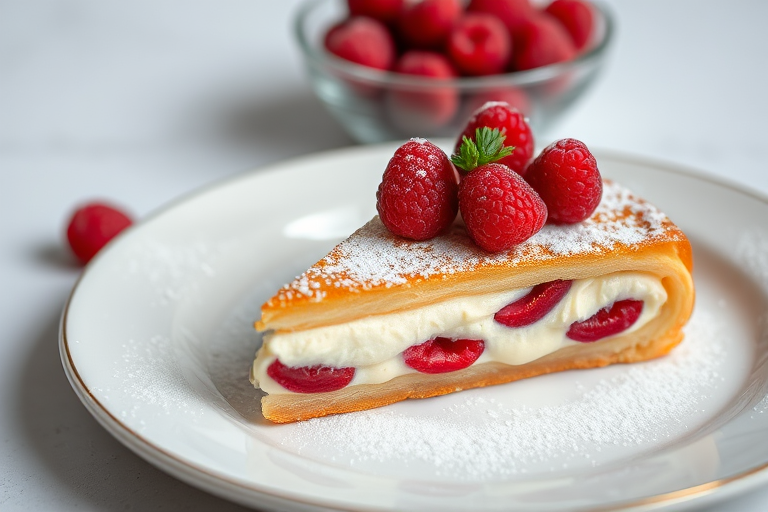 A delicious slice of layered pastry with creamy filling topped with fresh raspberries on a plate with a light dusting of powdered sugar and a bowl of raspberries in the background.