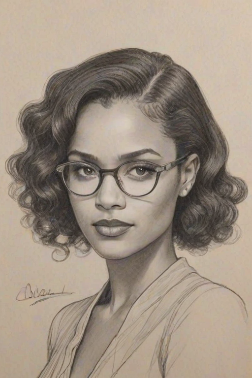 Alluring Maisie Richardson-Sellers, pencil sketch, portrait of Comely woman 1931s in glasses, hair style beatnik, outline, clear lines, fine lines, 8k