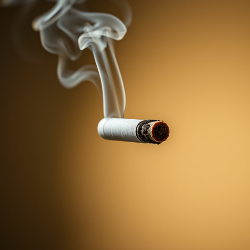 Create a realistic image of a smoking cigarette with visible smoke, captured with a Canon EOS 5D Mark IV, 50mm lens, f/2.8 aperture, ISO 100, against a soft-focus background.