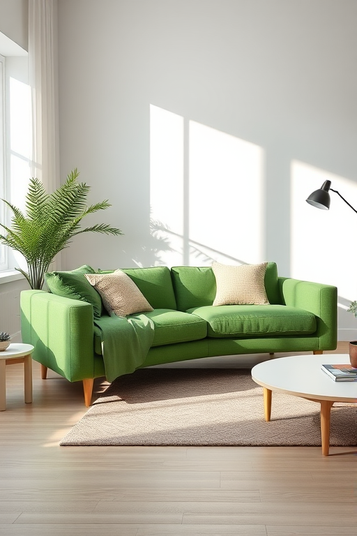 A modern green couch in a minimalist living room setting, natural light illuminating the scene, camera settings: f/2.8, ISO 100, shutter speed 1/60s, camera view: wide angle, camera style: realistic rendering, camera type: DSLR.
