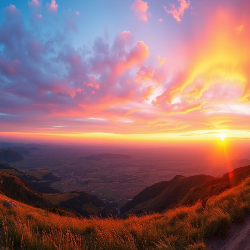 Generate a high-resolution image capturing a serene landscape at sunset with vibrant colors, using a DSLR camera, 24mm lens, aperture f/8, ISO 100, shutter speed 1/200s, panoramic view to emphasize depth and perspective.