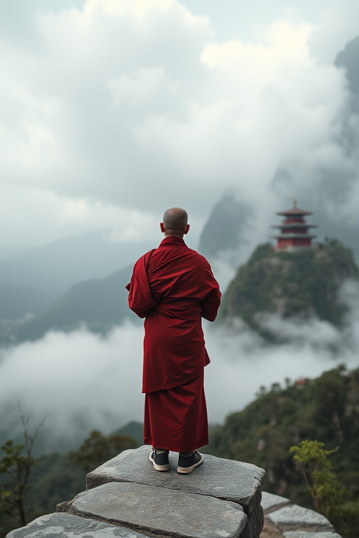 Monk in traditional robes standing on a stone ledge overlooking a misty mountain landscape with a distant pagoda, dramatic clouds above, soft focus background, taken with a Canon EOS R5, 50mm lens, f/1.8, ISO 100, 1/200s, natural light.