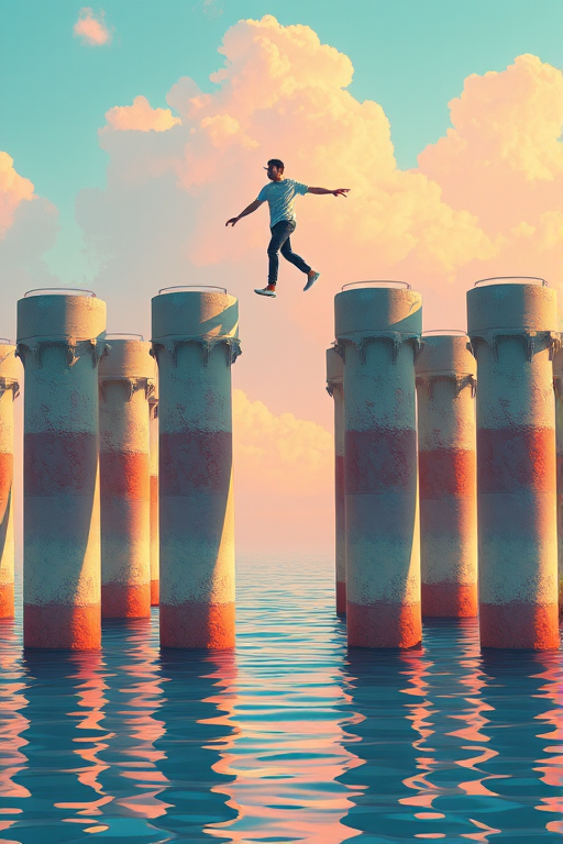 Create a digital illustration of a person balancing on a series of cylindrical pillars over water, using a vibrant color palette, with a perspective view, shot with a Canon EOS R with a 50mm lens, aperture f/2.8, ISO 100, and a soft focus for a dreamy effect.