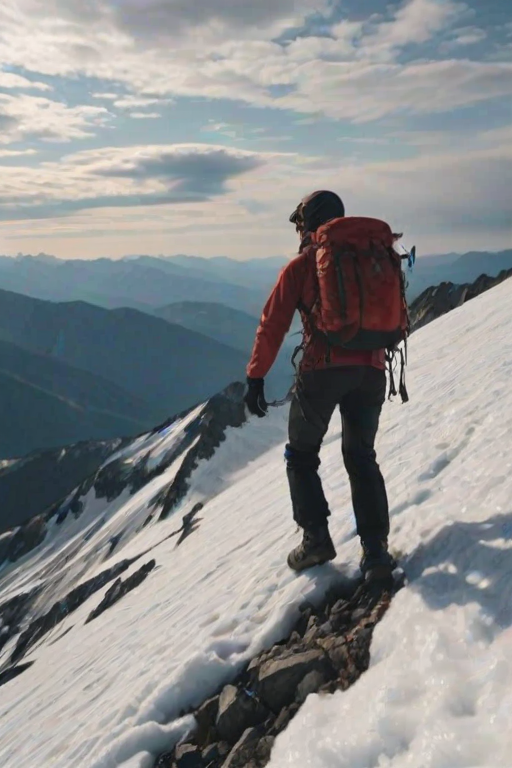 Blurry action shot of a mountain climber reaching the summit, soft clouds surrounding them, with an expansive view of distant peaks and valleys in the background.