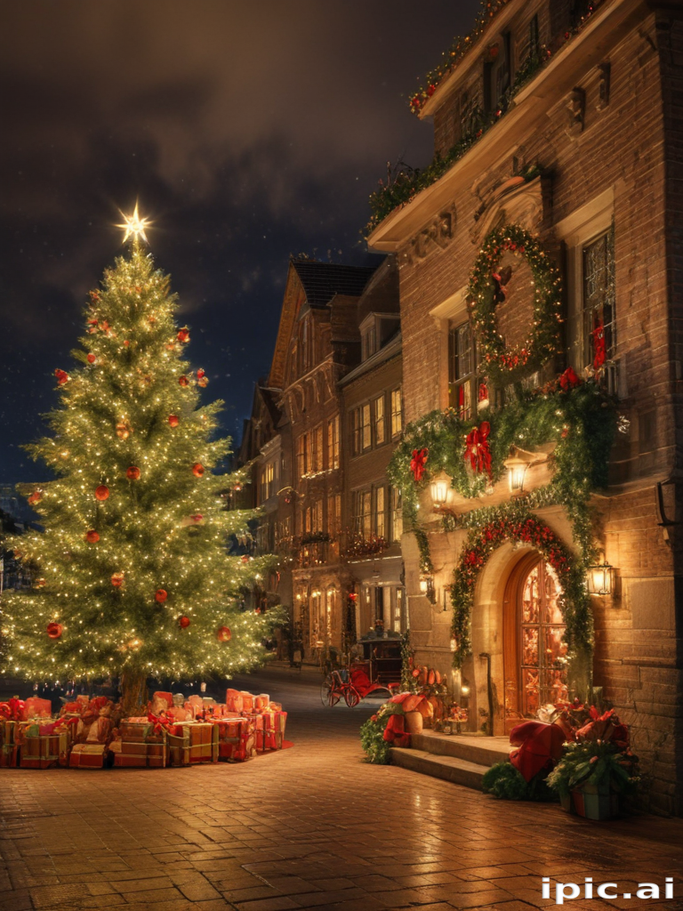 Enchanting Winter Evening Scene with a Decorated Christmas Tree and Gifts