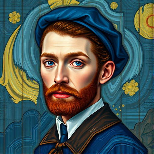 Create a high-resolution digital artwork of a stylized portrait inspired by Vincent van Gogh, using soft brush strokes and swirling background patterns, captured with a Canon EOS R5 camera at f/1.8 aperture, ISO 100, 50mm lens, and a shallow depth of field to enhance the features and colors of the subject.