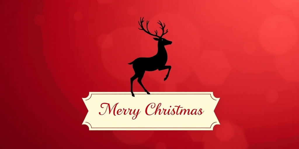 Merry Christmas card design featuring a reindeer silhouette, placed on an elegant cream banner against a rich red background, soft focus, shallow depth of field, 50mm lens, f/2.8 aperture, ISO 100, natural light.