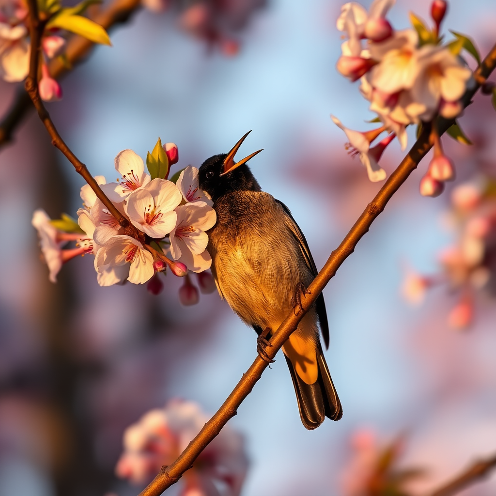 A blackbird singing on a blooming cherry blossom branch during golden hour, captured with a Canon EOS R5, 85mm lens, f/1.8 aperture, ISO 200, natural light, shallow depth of field for a soft background.