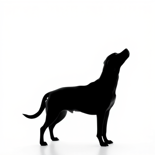Regenerate the image of a simple black silhouette of a dog against a white background, using a DSLR camera with a 50mm lens, aperture set to f/1.8, ISO 100, and a shallow depth of field for a soft background blur.