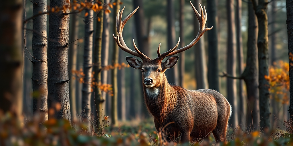 Create a highly detailed illustration of a majestic stag in a dense forest, using a Canon EOS 5D Mark IV, 50mm lens, f/1.8 aperture, ISO 100, with a shallow depth of field and natural lighting to capture rich textures and vibrant colors.