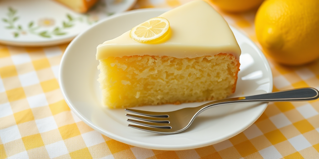 A close-up of a slice of lemon cake on a white plate with a fork next to it the cake has a creamy lemon frosting with a few lemon zest pieces on top the background features a whole lemon and a decorative plate with a soft yellow checkered tablecloth beneath it