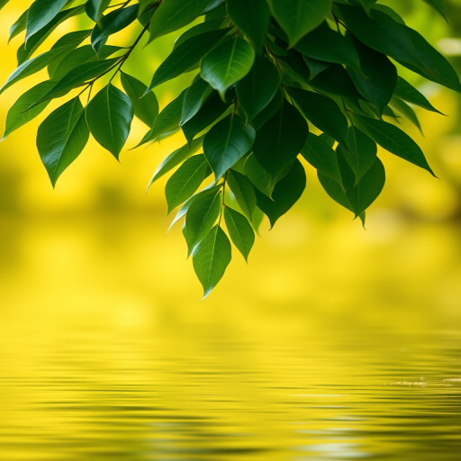 Create a vibrant image of green leaves hanging over a smooth reflective water surface, with a bright yellow-green gradient background and soft bokeh effects, captured with a DSLR camera at f/2.8 aperture, 1/100 sec shutter speed, ISO 100, in landscape orientation with a shallow depth of field.