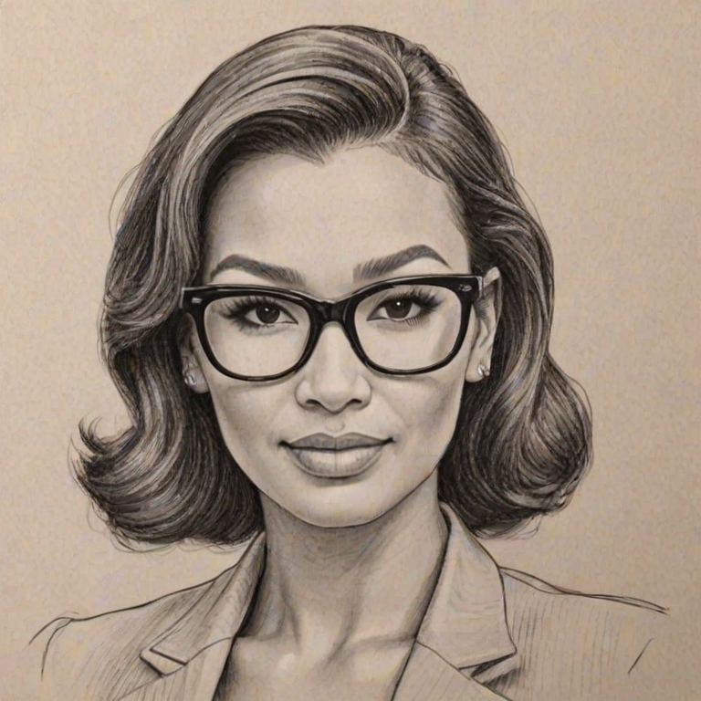Wonderful Naya Rivera, pencil sketch, portrait of Graceful woman 1950s in glasses, hair style beatnik, outline, clear lines, fine lines, 8k