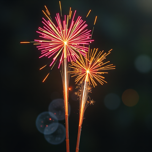 Create an illustration of two firecrackers with colorful sparks shooting upward, using a high-resolution digital art style, with a focus on bright reds and yellows, captured in a 50mm lens with a shallow depth of field, under soft afternoon light, using a DSLR camera.