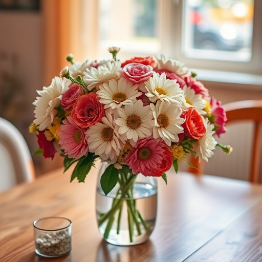 Warmly lit photo of a beautifully arranged flower bouquet in a glass vase on a wooden table, with soft light highlighting the colors and delicate petals.