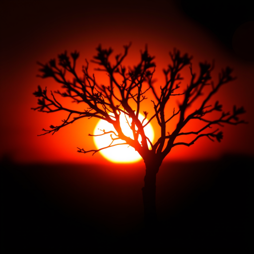 Generate an abstract silhouette of a tree with a vibrant sunset background, using a DSLR camera with a 50mm lens, f/1.8 aperture, ISO 100, and a shallow depth of field for a dreamy effect.