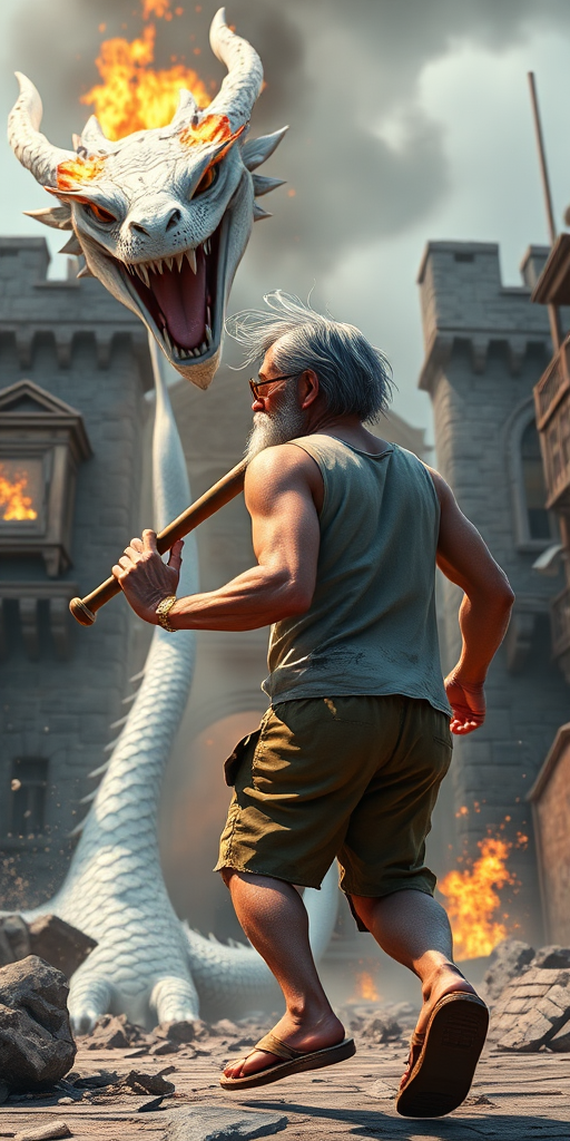 Cartoon 3D High-Resolution,dynamic battle scene using Unreal Engine 5 and Octane Render. The scene features back of an elderly, thai man with a beard,messy hair and round golden-rimmed glasses. He is wearing a tattered tank top with soot marks, shorts, and sandals. sweating. he wields a baseball bat. He jump to fight with a white fire-breathing Europe dragon amidst a partially destroyed stone castle. Include intense flames, smoke, and debris to enhance the dramatic effect.
