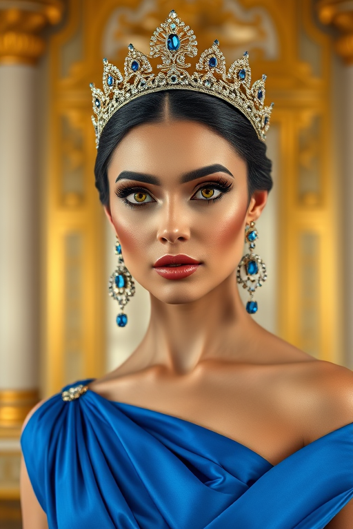 A gorgeous Coptic woman in a luxurious blue gown, accessorized with a dazzling tiara and statement earrings, her deep Yellow eyes highlighted by impeccable makeup, poised in a royal setting, photorealistic, 8K quality