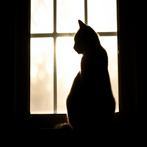 Generate a high-contrast silhouette of a cat sitting on a windowsill with soft sunlight filtering through, captured with a DSLR camera using a 50mm lens, aperture set to f/1.8, ISO 200, and a shallow depth of field to enhance image quality.