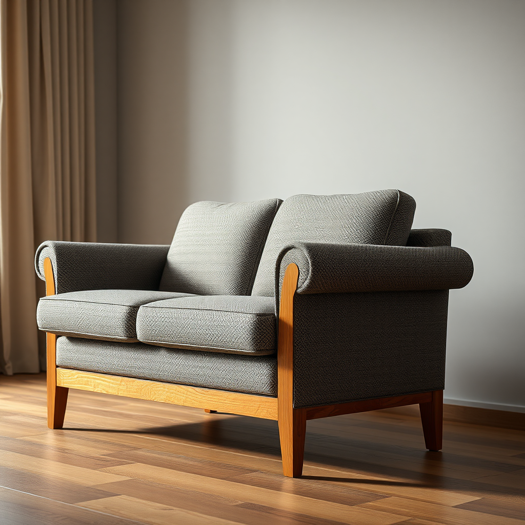 Create a high-resolution image of a two-seater sofa with a wooden frame and textured fabric upholstery, using a Canon EOS 5D Mark IV camera, 50mm lens, f/1.8 aperture, ISO 100, and a shallow depth of field, angled from a slightly elevated viewpoint to enhance details and texture.