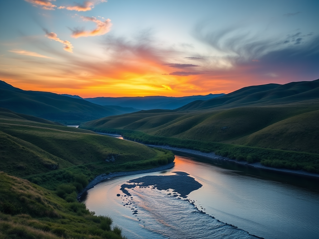 Generate an image of a serene landscape at sunrise with rolling hills and a calm river, using a DSLR camera with a 50mm lens, aperture f/1.8, ISO 100, shutter speed 1/200s, capturing a wide-angle view in vibrant colors and high dynamic range.