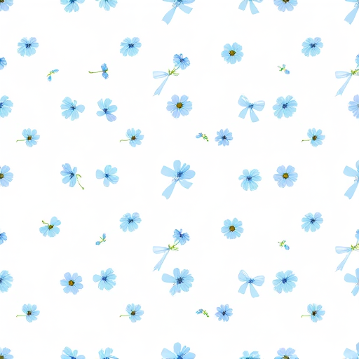 Create a seamless pattern featuring small blue flowers and light blue bows on a white background. The flowers should vary in size and shape, while the bows should be evenly spaced throughout the design, creating a delicate and charming aesthetic.